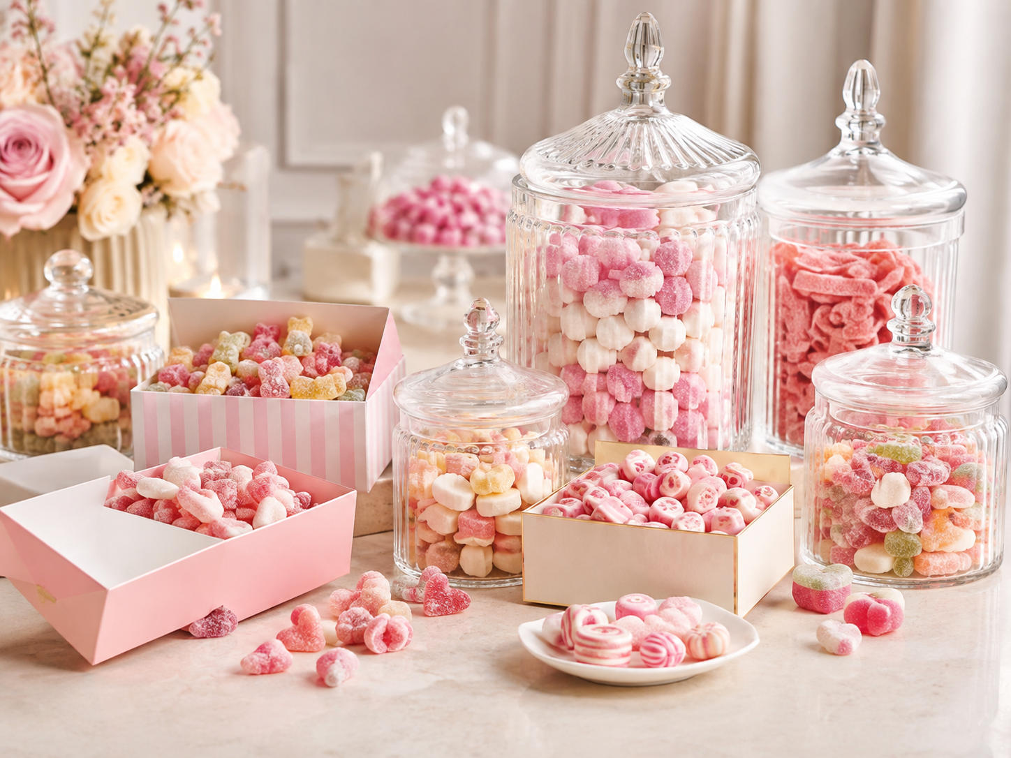 Pastel sweet display with glass jars and boxes of sweets