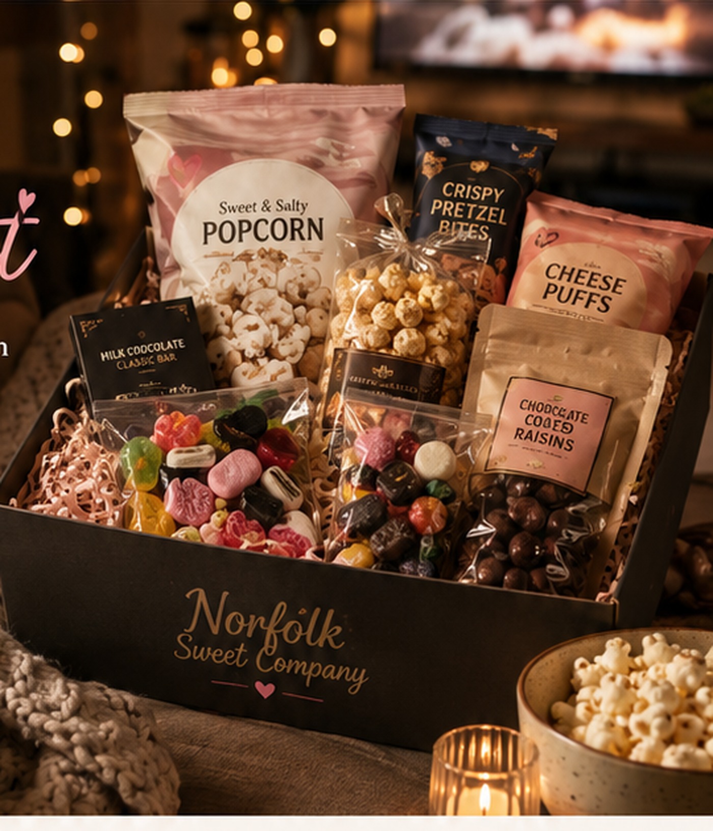 Cosy Family Movie Night treat box with sweets popcorn and snacks