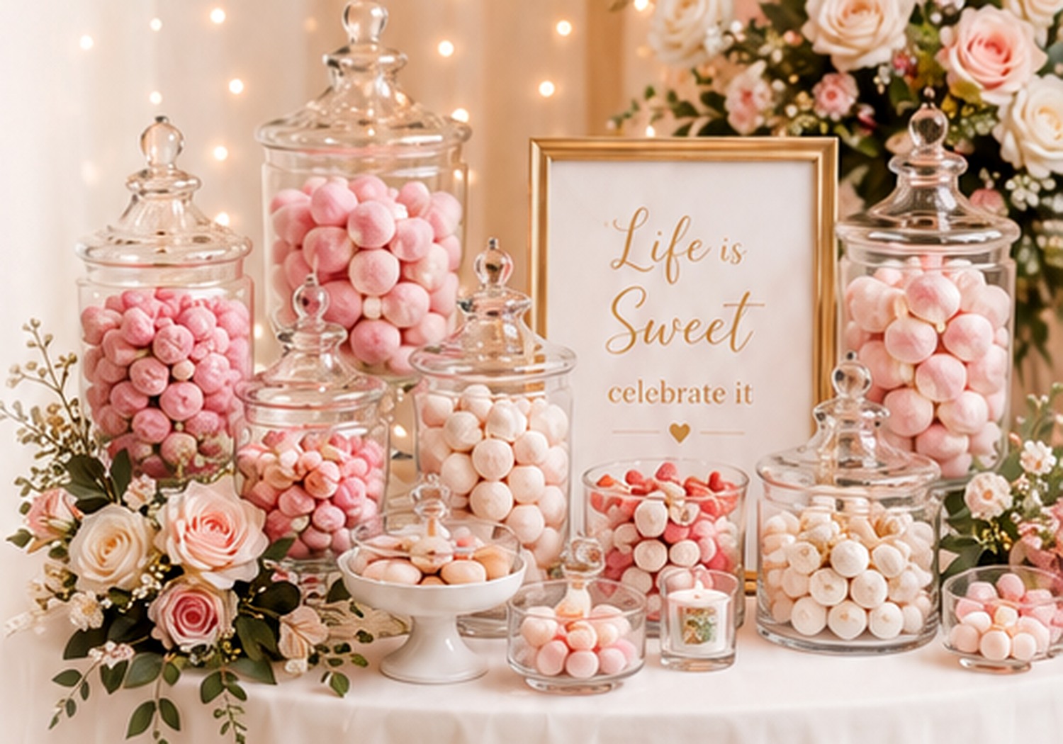Elegant pastel sweet display with glass jars, flowers and celebration styling