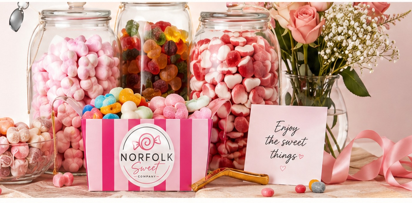 A pink sweet display with jars, gift boxes and flowers