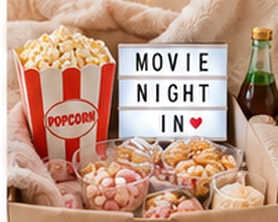 Family movie night box with popcorn, sweets and drinks